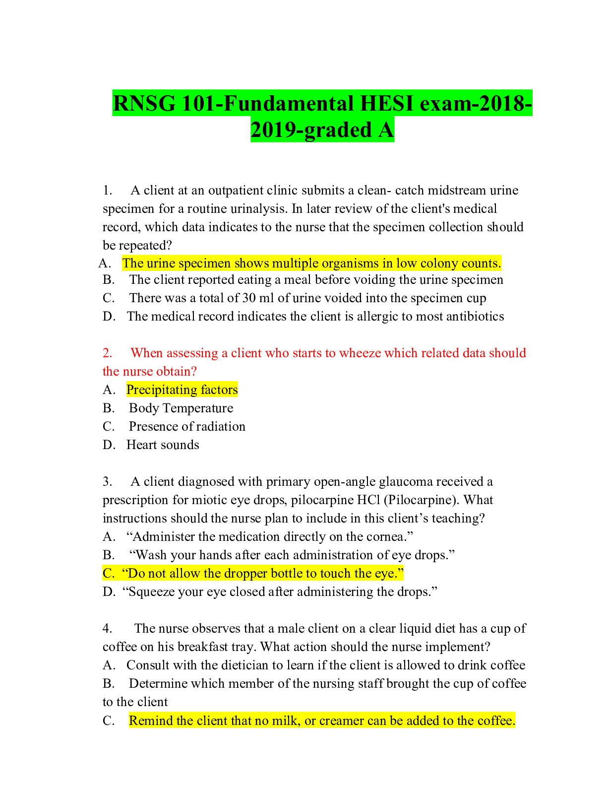Preview of RNSG 101-Fundamental HESI exam-2018-2019-graded A